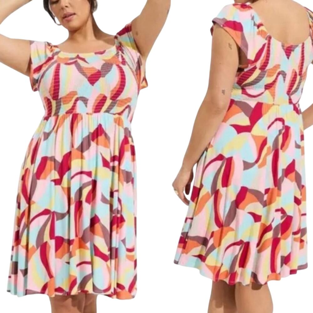 Torrid Super Soft Knit Dress Smocked Off Shoulder Abstract Print Jersey NEW 4X